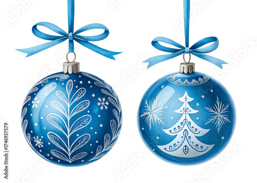 Two blue Christmas baubles with white festive designs