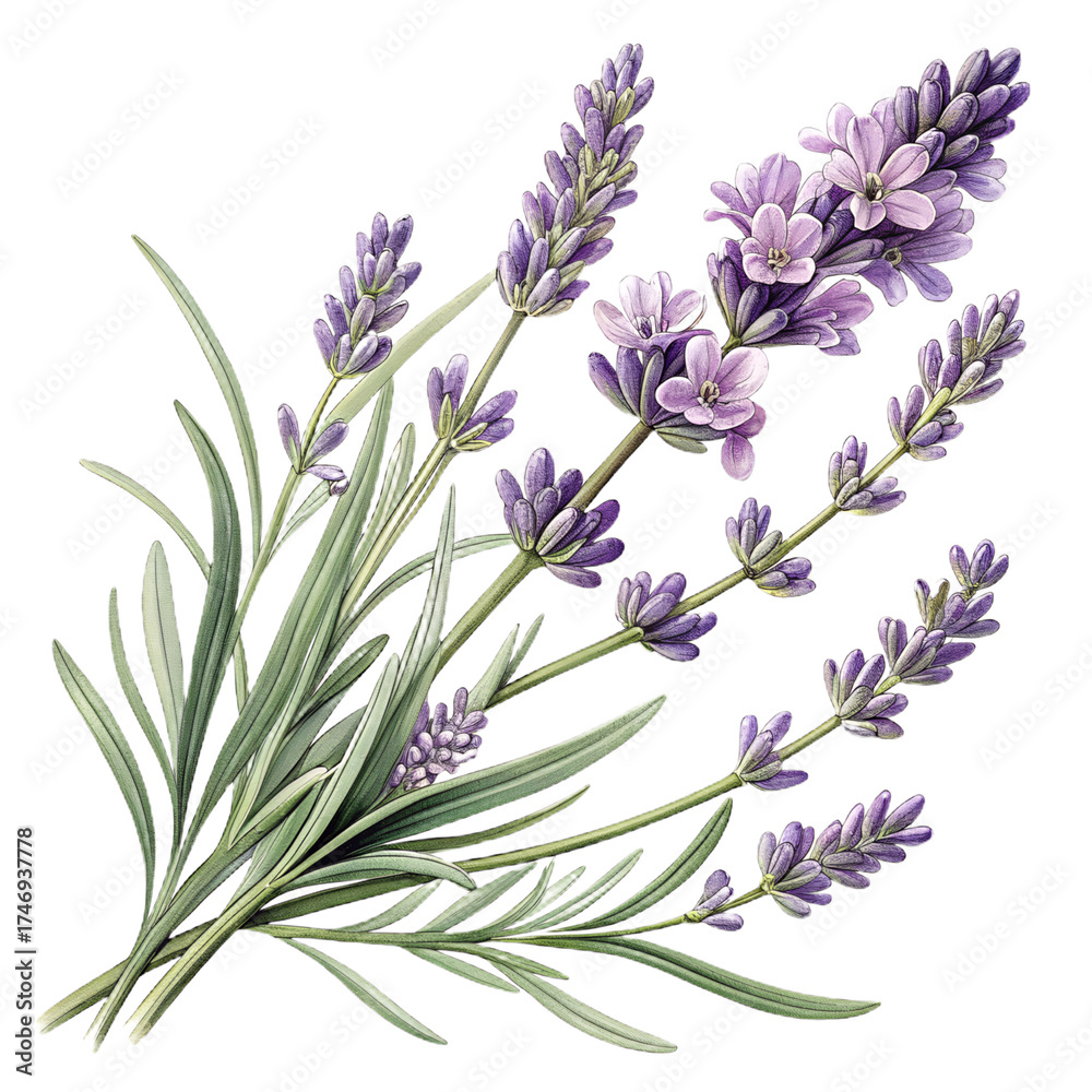 Naklejka premium Lavender Sprig with Tiny Flowers, Macro Texture, Isolated PNG