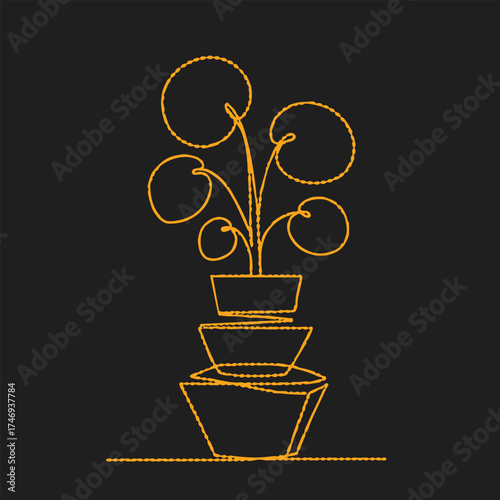 Stylized line drawing of a potted plant with rounded leaves arranged in a tiered composition on a dark