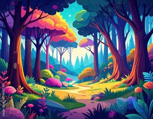 Vibrant Forest Landscape with Lush Foliage and Gentle Pathway under Bright Sky