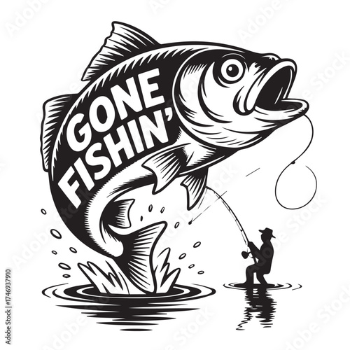 "Gone Fishing" Text with Funny Cartoon Fish Vector Design