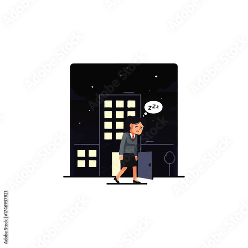 Illustration of a tired woman leaving a building at night, with a sleep bubble above her head.