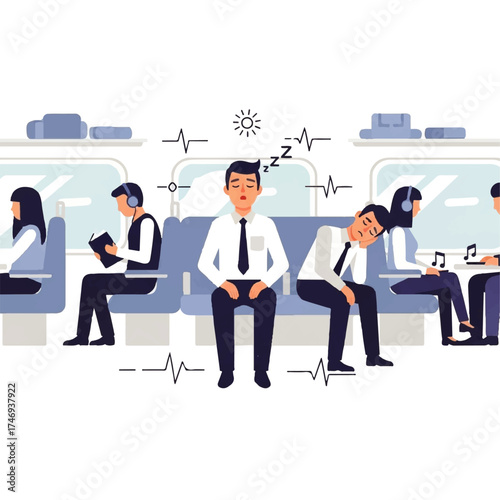 People commuting on public transport, some sleeping, some listening to music.