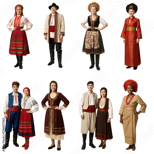 Group of individuals wearing traditional cultural costumes in studio  