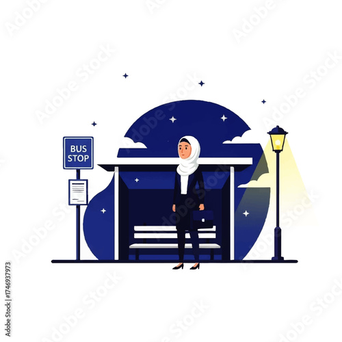 Illustration of a woman in hijab waiting at a bus stop at night.