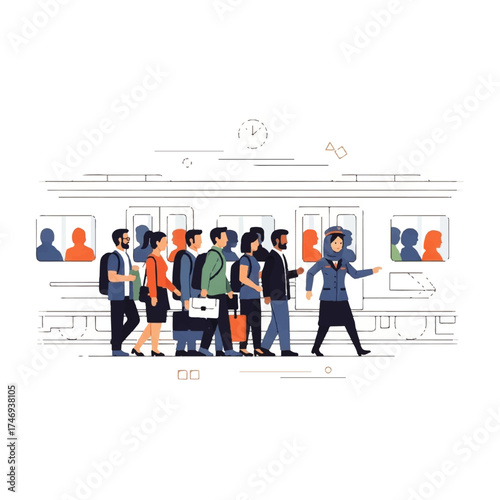 People boarding a train, illustration of commuters at a station.