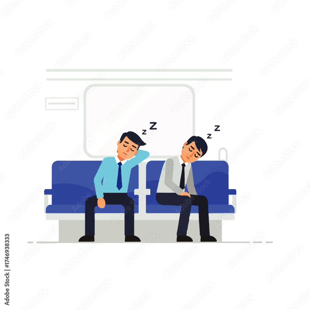 Fototapeta premium Two men sleeping on a train seat, heads drooping, with 'Z' symbols above them.