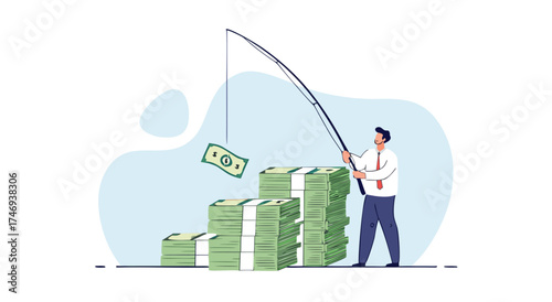 A businessman is fishing for money with a fishing rod.

