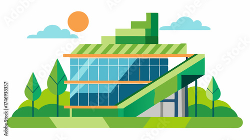 An architectural sketch featuring an innovative building design integrating green spaces and solar panels drawn with lively strokes and colors.
