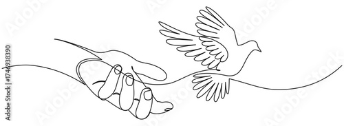 Flying dove from hand of One continuous line drawing. Dove symbol of peace and freedom in simple linear style. Doodle vector illustration