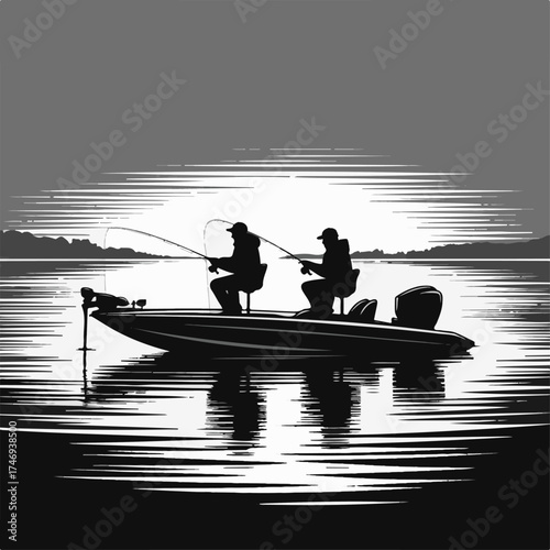 Two Anglers Fishing from a Boat Silhouette