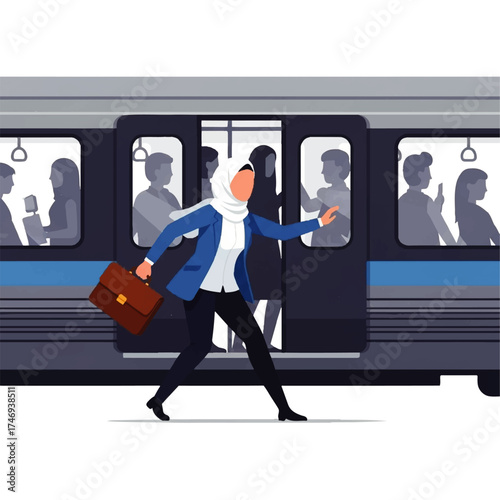 Woman in hijab exiting a train with briefcase in hand.