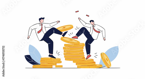 Two businessmen fighting over coins and briefcase during financial struggle and competition

