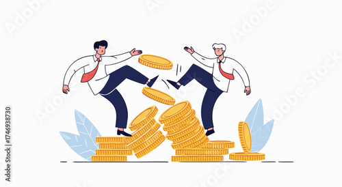Two businessmen fighting over coins and briefcase during financial struggle and competition

