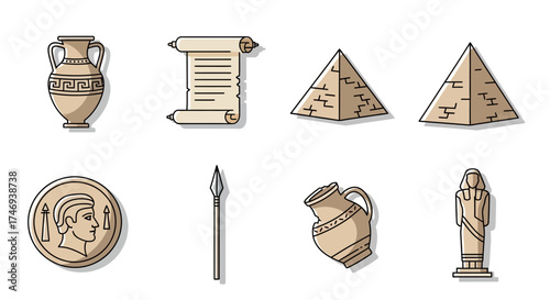 Ancient Egyptian Artifacts and Symbols in a Simple Stylized Illustration