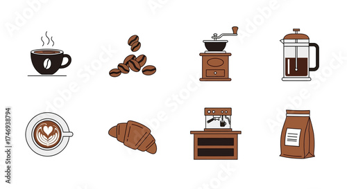 Assortment of CoffeeRelated Icons Depicting Brewing and Enjoyment Essentials