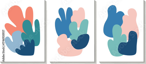 Abstract Foliage Wall Art Prints Geometric Shapes in Pink, Teal and Blue Palette