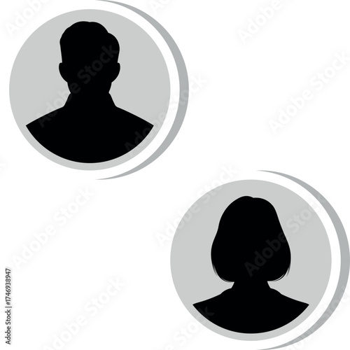 Male and female profile silhouette icons in circle, Minimal user avatar vector design