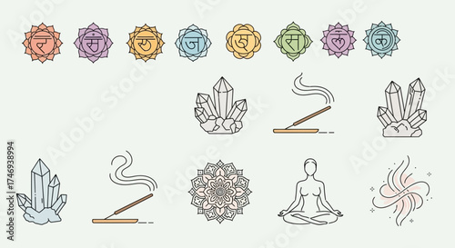 Colorful Chakra Symbols Crystals Incense and Meditating Figure Illustration