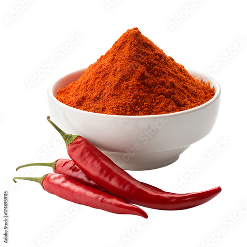 A vibrant bowl of chili powder with fresh red chili peppers isolated on transparent background, showcasing the spices rich color and potential heat