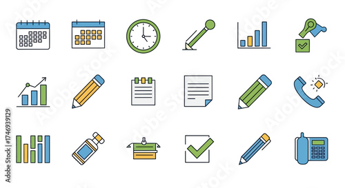 Colorful Vector Icons Representing Business Time and Communication Elements