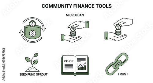 Community Finance Tools Depicted with Icons for Microloans Seed Funds and Trust