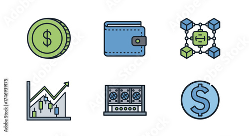Cryptocurrency and Finance Icons Depicting Digital Wallets Mining and Growth
