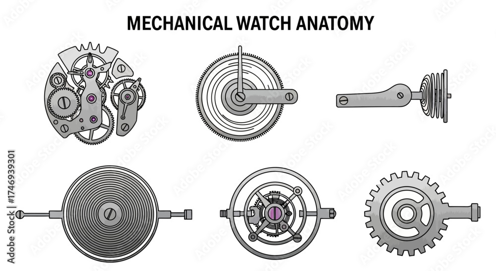 Εκτύπωση καμβά Detailed Mechanical Watch Anatomy Diagram Showing Various Internal Components