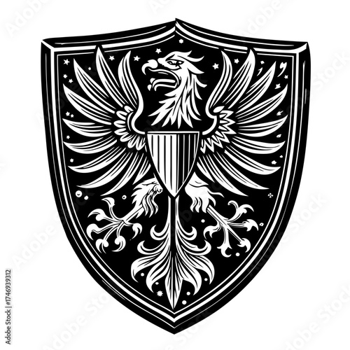 Black and White Heraldic Shield with Eagle and Sword.