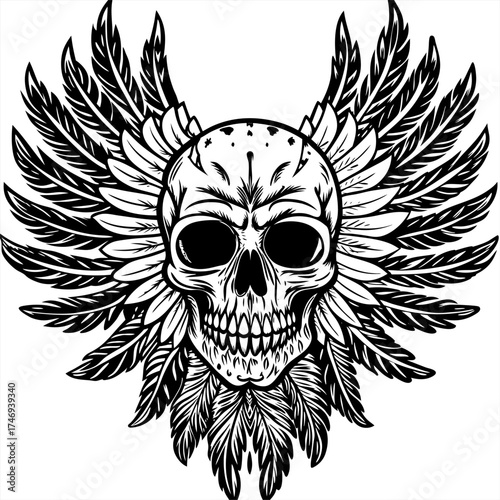 Dark Winged Skull Illustration with Feathers in Black and White Style.