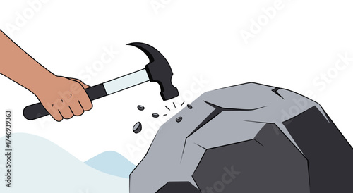 Hammer hitting a large rock to break it apart.

