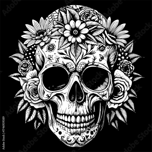 Floral Skull Illustration with Roses and Daisies in Black and White Style.