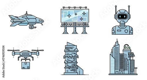 Futuristic Cityscape Elements Drone Robot Buildings and Flying Car Illustrations
