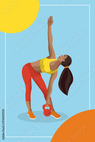 A faceless woman performs a side stretch while holding a kettlebell, showcasing her fitness routine in a colorful and cheerful environment.