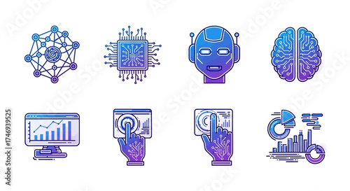 Futuristic Digital Icons Depicting Technology AI and Data Analysis Concepts