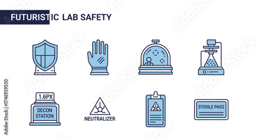 Futuristic Lab Safety Icons Depicting Protection Sterilization and Hazard Control