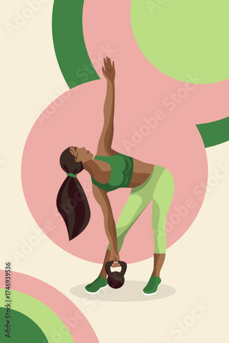 A faceless fitness woman performs a kettlebell exercise, stretching her body against a colorful, abstract backdrop.