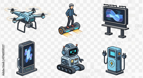 Futuristic Technology Icons Depicting Drones Hoverboards Robots and Charging Stations