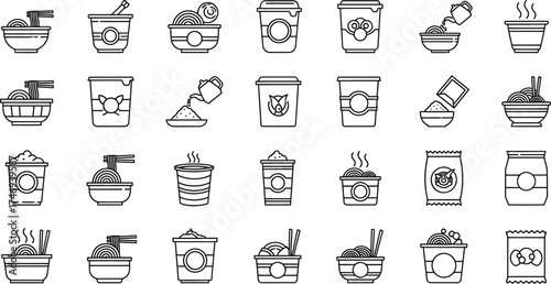 Assorted Bowls and Cups of Noodles and Drink Line Art, Illustration, Outlined