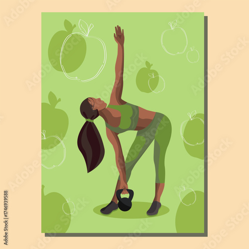 A fit woman does a side stretch with a kettlebell against a bright green backdrop featuring fun apple illustrations.