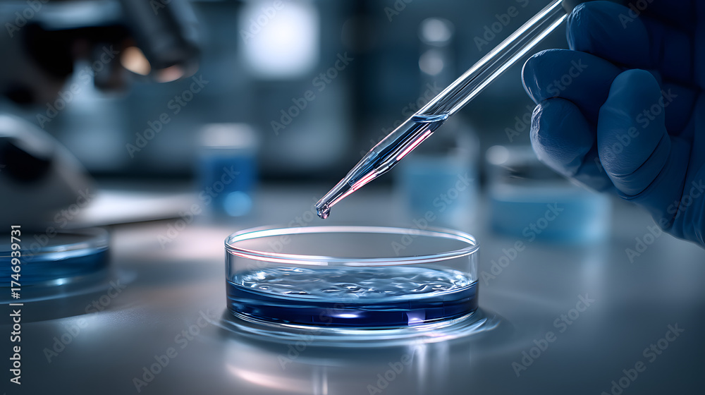 Obraz premium Investigación científica con pipeta dosificando líquido en placa de Petri en laboratorio moderno