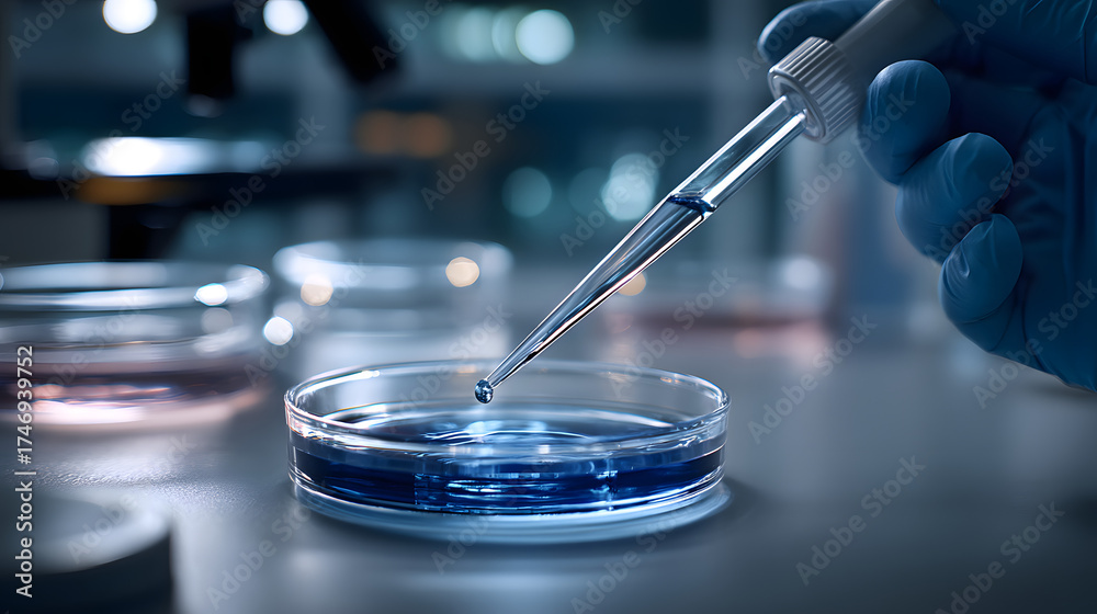 Obraz premium Investigación científica con pipeta dosificando líquido en placa de Petri en laboratorio moderno