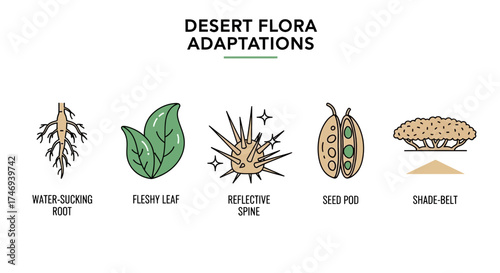 Illustrated Desert Flora Adaptations WaterSucking Root Fleshy Leaf Seed Pod Spine ShadeBelt