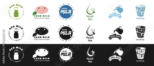 Various logos showcase organic milk brands, highlighting sustainability and homemade qualities. Colors and designs represent freshness, eco-friendliness, and local farms in a creative arrangement.