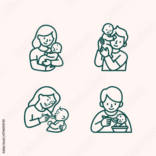 Baby Care Icons set,  parents caring their baby, Mother and Father  holding child and feeding the baby with spoon.
