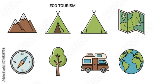 Illustrated Eco Tourism Icons Depicting Nature Adventure and Exploration