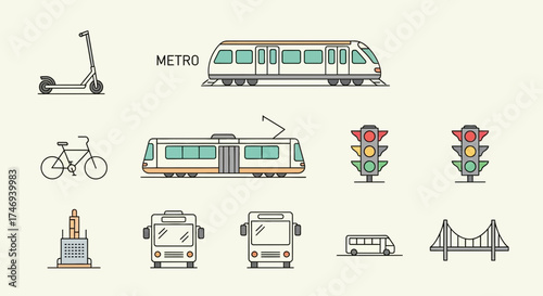 Illustrated Transportation Icons Metro Bus Bike Scooter and Traffic Lights