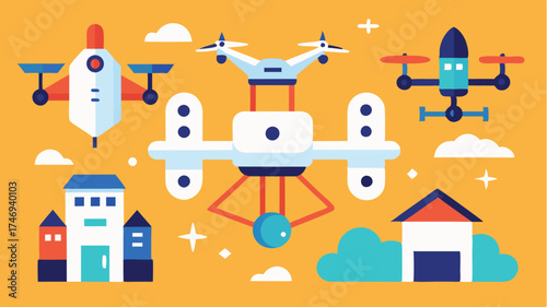 An artistic representation of drone technology depicting various types of drones in flight including delivery drones surveying drones and recreational models.