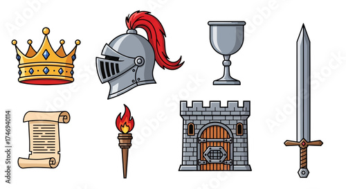 Medieval Symbols Crown Helmet Chalice Scroll Torch Castle and Sword