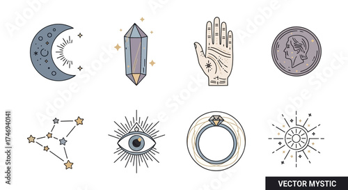 Mystical Celestial and Fortune Telling Symbols in Vector Illustration